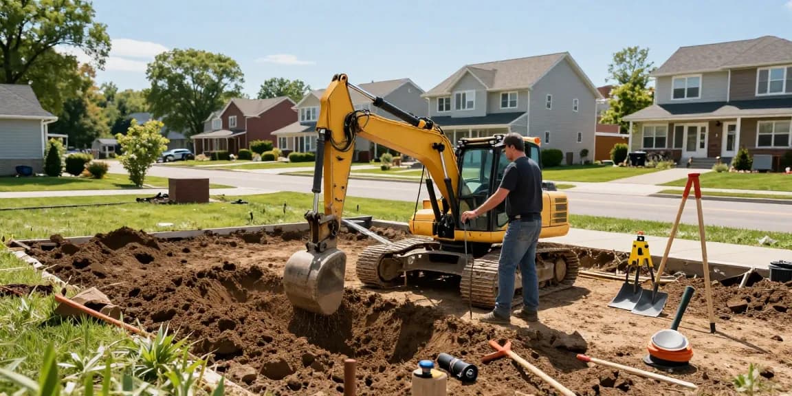 Professional grading ottawa contractor leveling land with machinery for drainage in a sunny residential area.