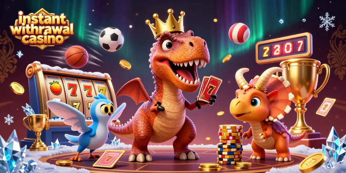 Engage with instant withdrawal casino action featuring T-Rex shuffling cards and stacking chips in a vibrant scene.