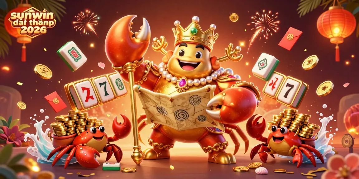 Spin and win with sunwin đổi thưởng 2026 in a vibrant 3D casino illustration featuring a golden crab emperor.