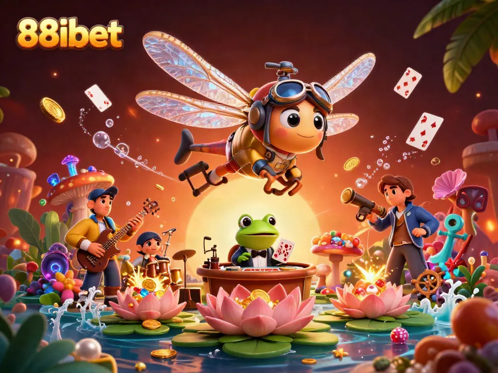 Engaging scene showcasing 88ibet with a dynamic illustration of a dragonfly pilot and a frog croupier amid casino elements.