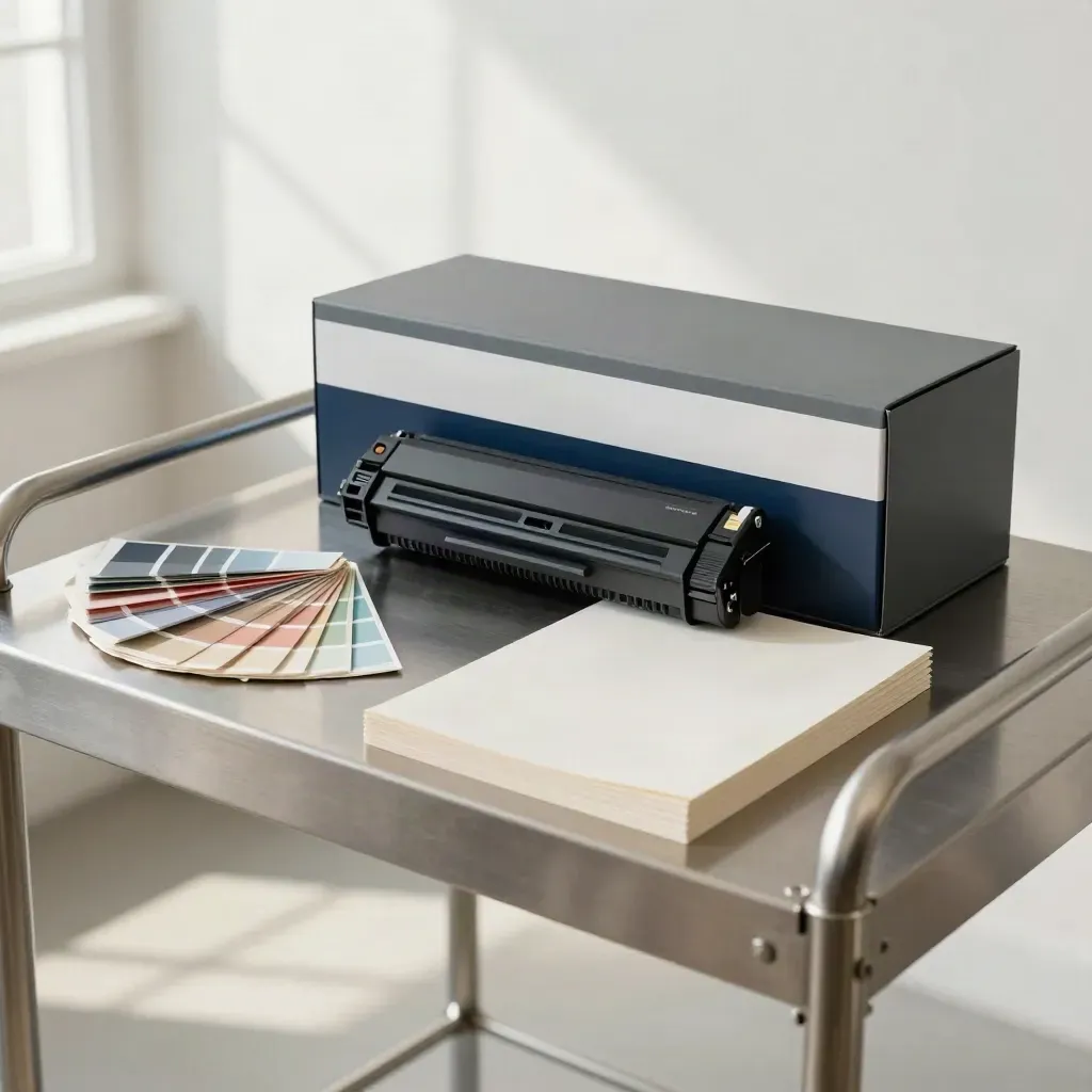 Print control bundle on a steel cart in a bright print studio with swatches and paper