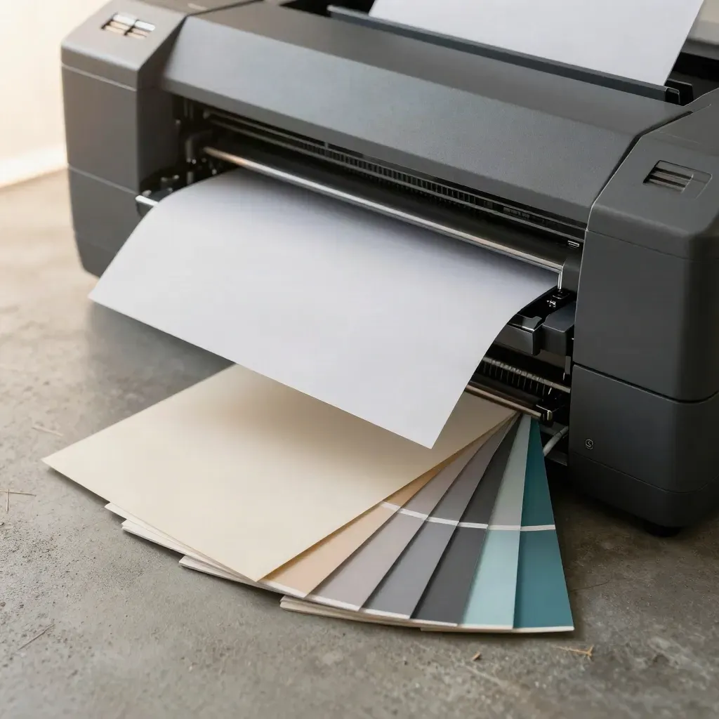Wide-format printer with proof sheets, cartridges and swatches on brushed concrete.