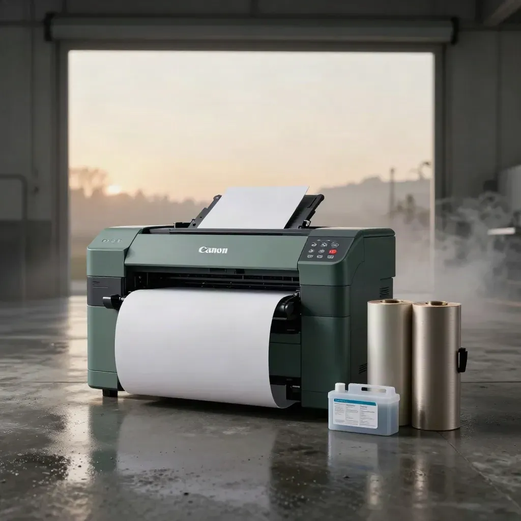 Large-format printer on wet concrete at dawn with paper roll, media cores, maintenance kit and ink set.