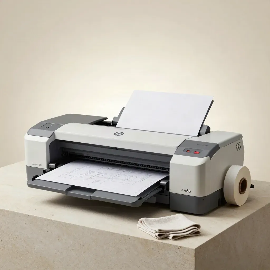 Large-format plotter on stone plinth with rolls and cloth, softly lit in studio