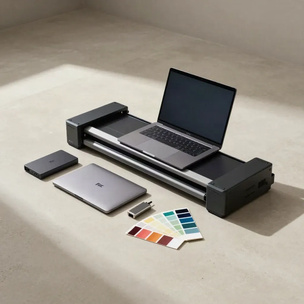 Overhead flatlay of a RIP software setup kit with laptop, drive, dongle and color swatches on pale concrete.