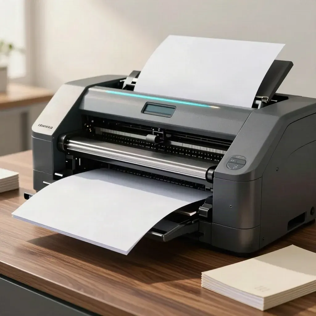 Hero commercial press with settling sheets, booklet stacks, and a sealed paper ream on a walnut deck.