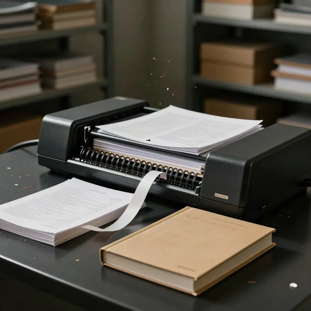 Dim studio shot of a coil binding machine with manuals, punched stacks, and curling white coils.