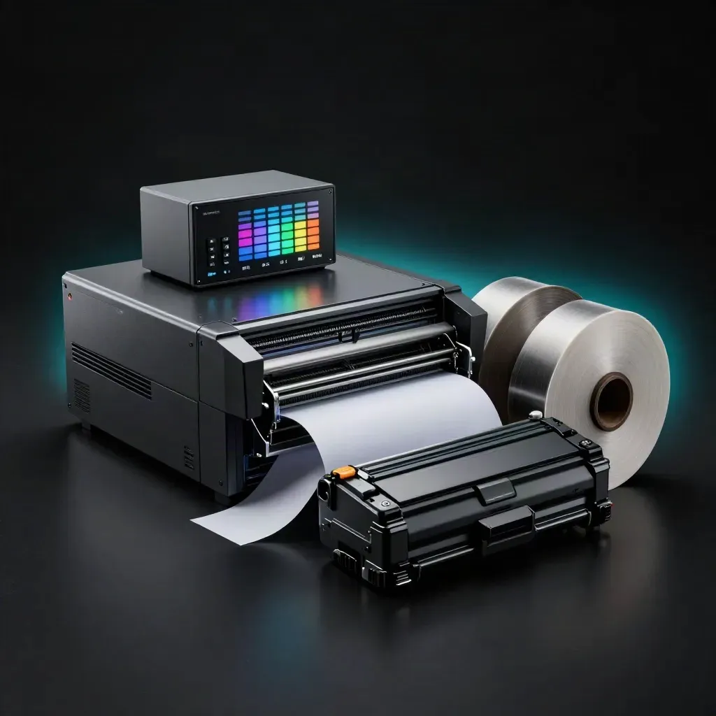 Digital press bundle, RIP server, media rolls and toner cartons in a dramatic studio reveal.