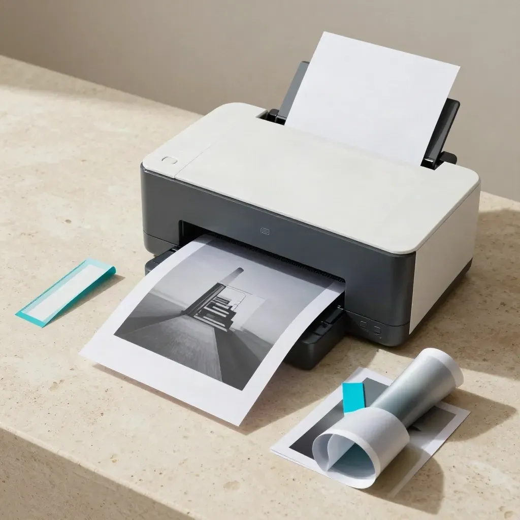 Overhead flatlay of a compact photo printer with fresh prints and paper on pale travertine.