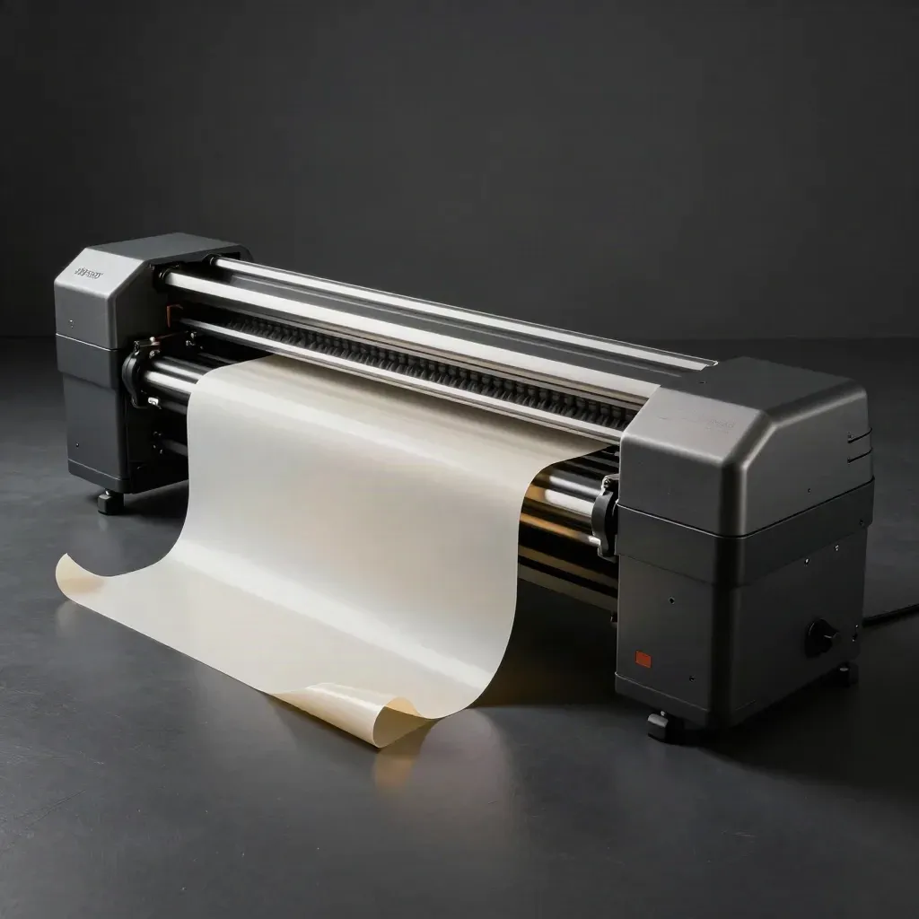 Low side view of a print-and-cut machine feeding vinyl with curled offcuts in a dark studio.