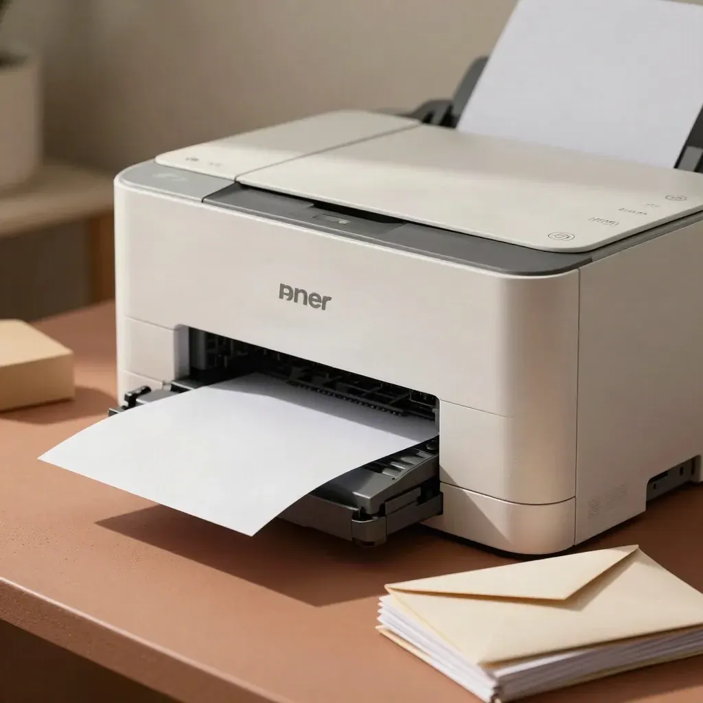 Close-up desktop laser printer with paper, toner box, and envelope stack on a warm clay surface.