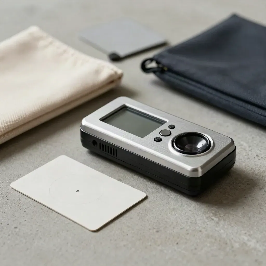 Calibration device with face-down target cards and pouch on cool concrete, softly lit