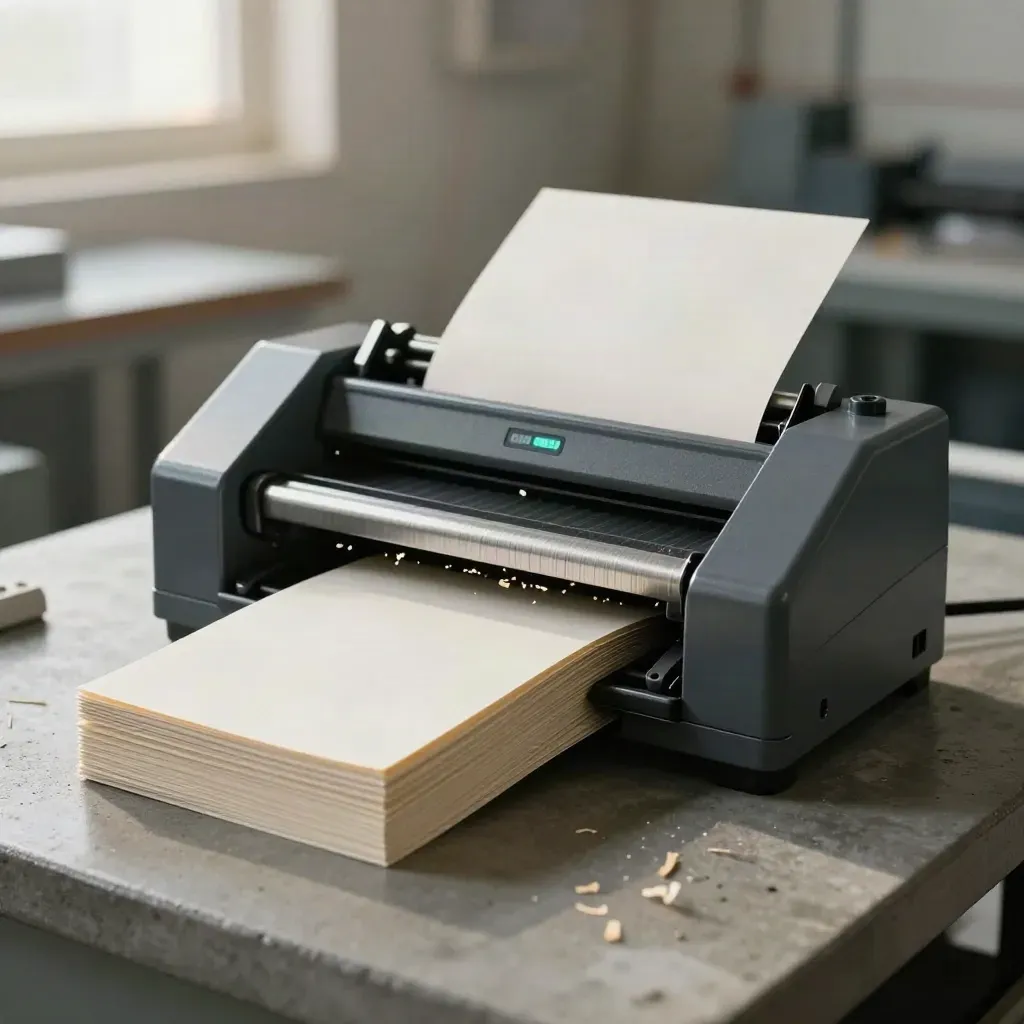 Booklet maker finishing a stack of square-spine booklets in a clean bindery, lit by soft side light.