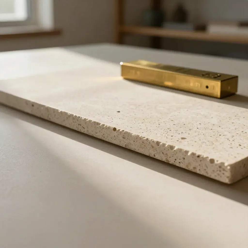 Travertine slab with paper samples and a brass block in a quiet print workshop.