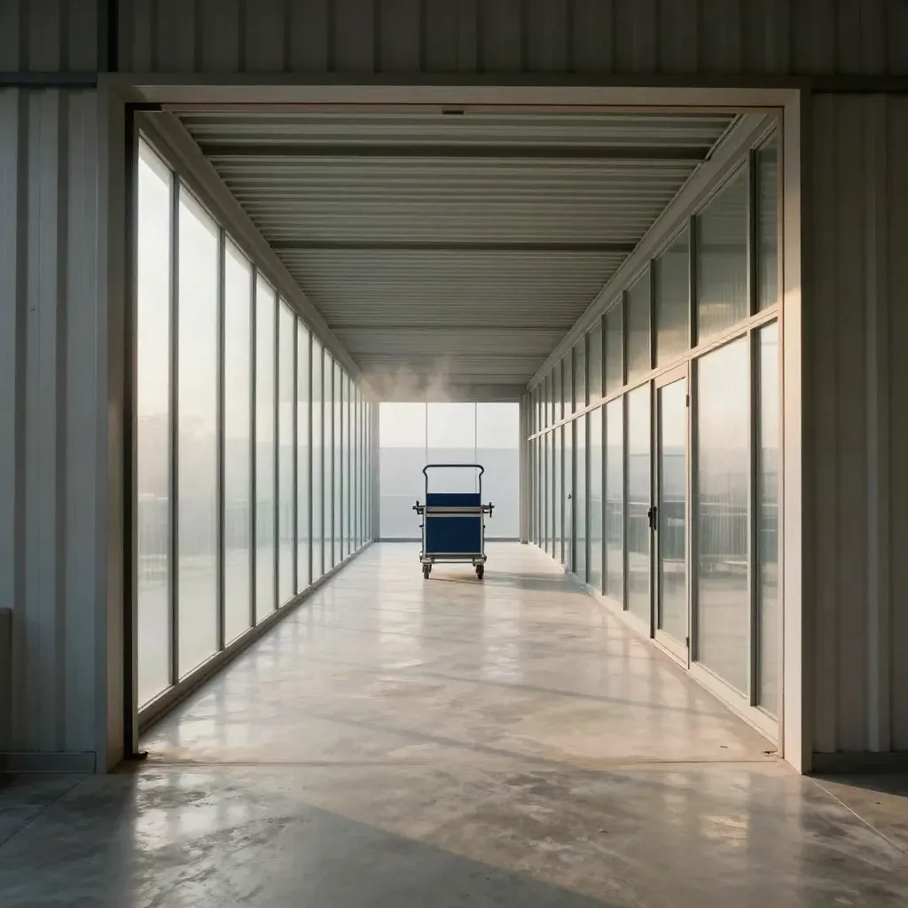 Industrial finishing corridor with frosted glass, metal, and a distant cart in soft evening light.