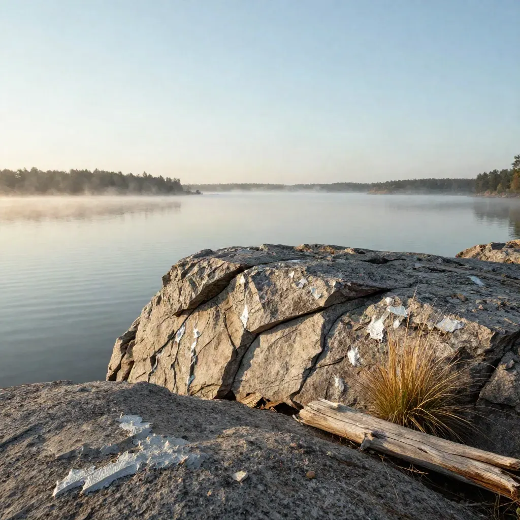 Mist over a granite lakeshore at dawn with pale grasses and a distant treeline.