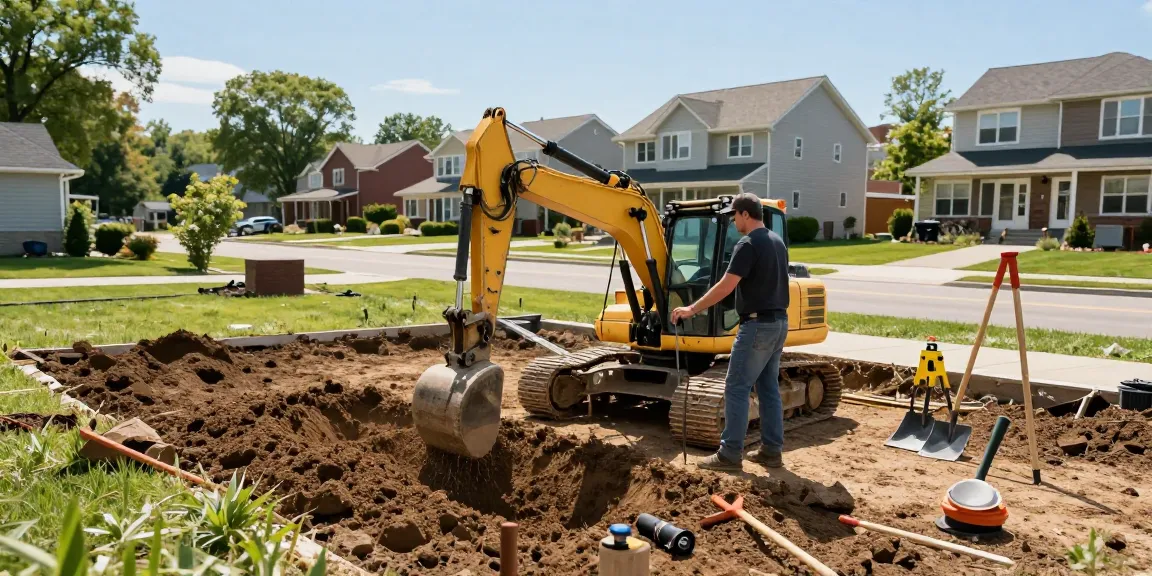 Professional grading ottawa contractor leveling land with machinery for drainage in a sunny residential area.