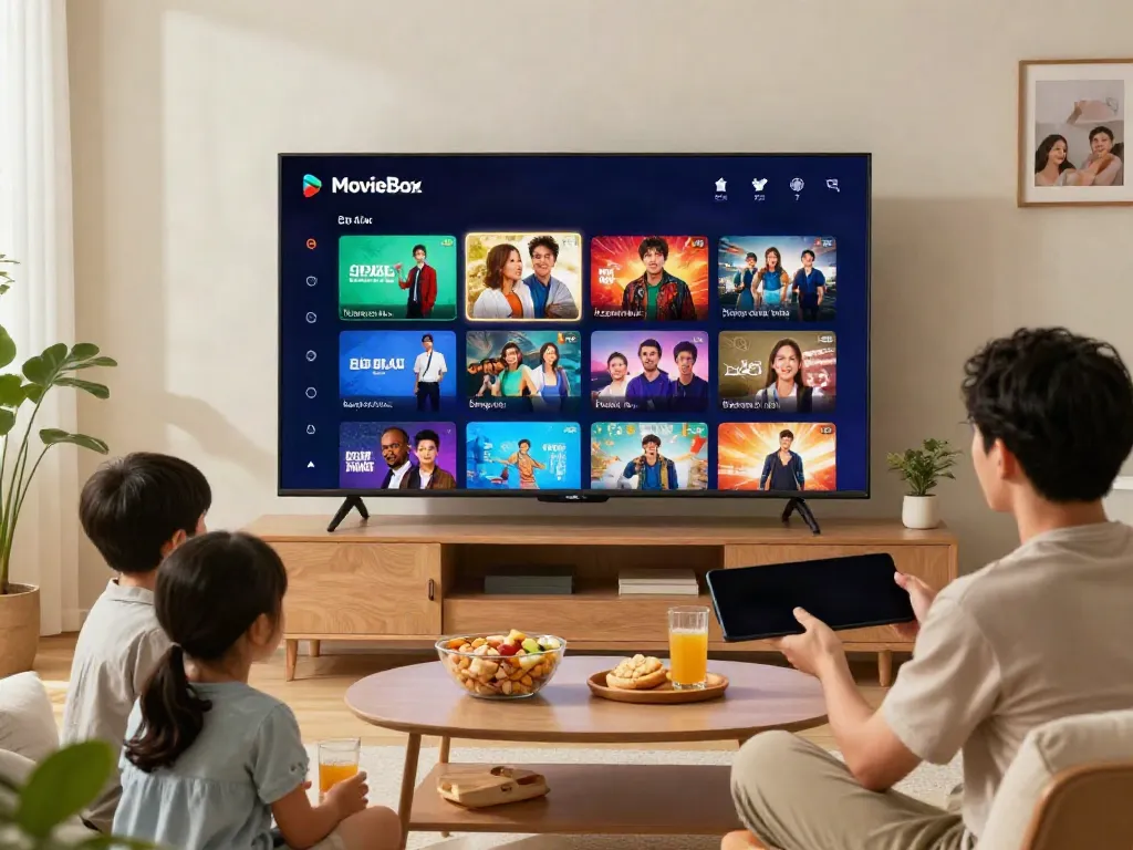 Family enjoying movie box app download on a large screen, cozy home atmosphere.